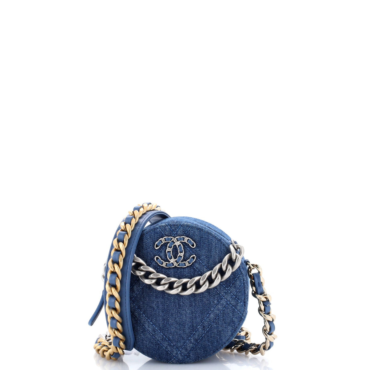 19 Round Clutch with Chain Quilted Denim
