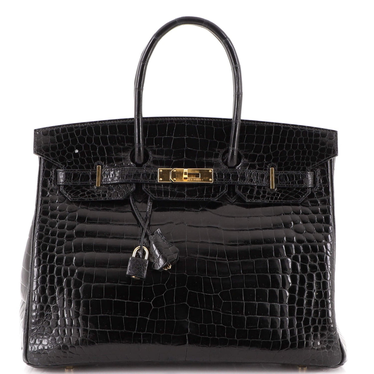 Birkin Handbag Noir Shiny Porosus Crocodile with Gold Hardware 35