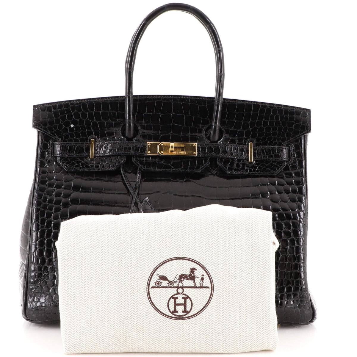 Birkin Handbag Noir Shiny Porosus Crocodile with Gold Hardware 35