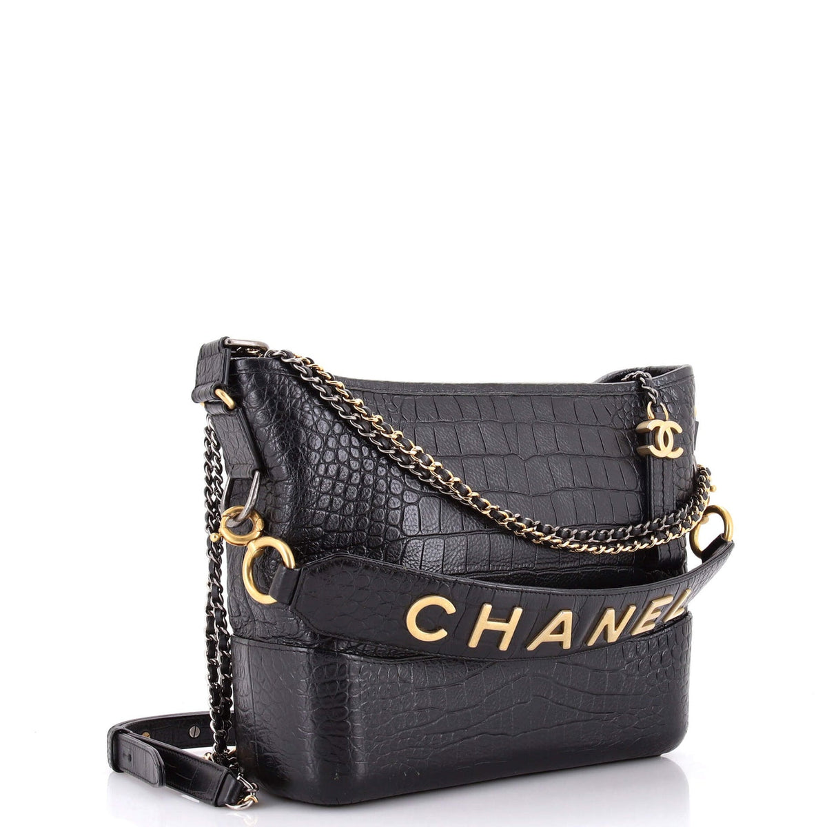 Gabrielle Hobo with Logo Handle Crocodile Embossed Calfskin Medium