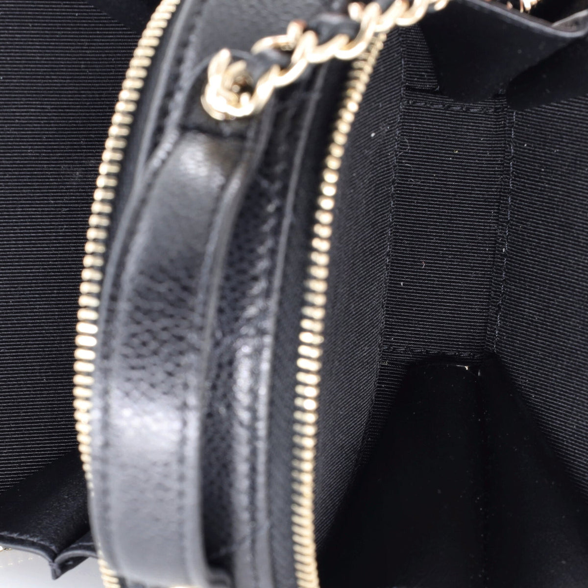 Handle with Care Round Vanity Case with Chain Quilted Caviar Small
