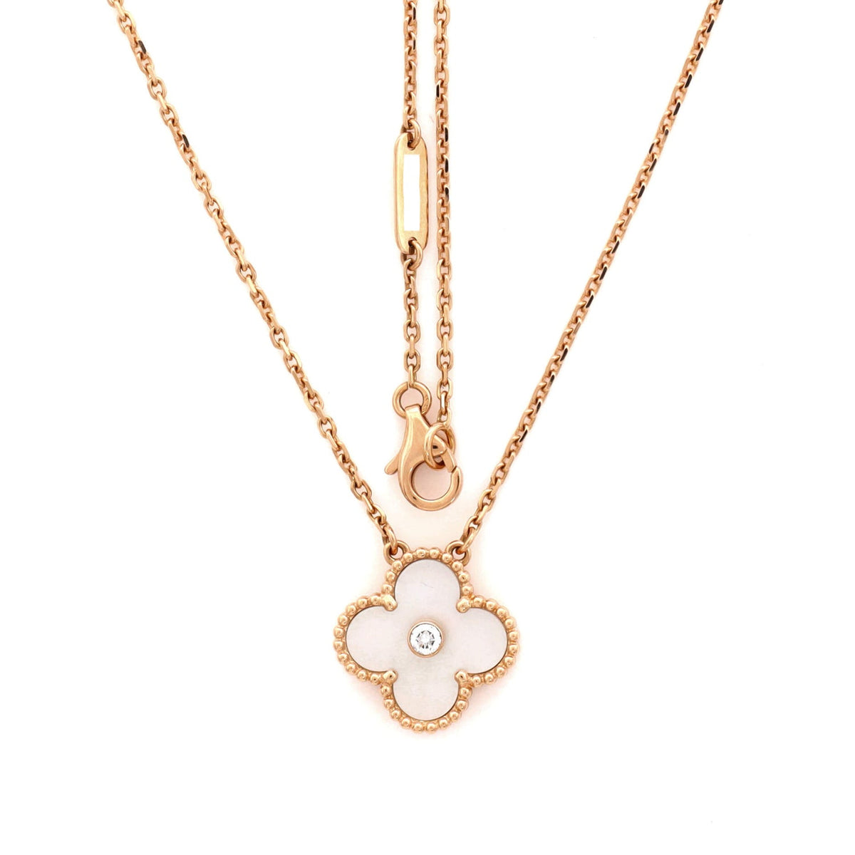 Vintage Alhambra Pendant Necklace 18K Rose Gold and White Mother of Pearl with Diamond