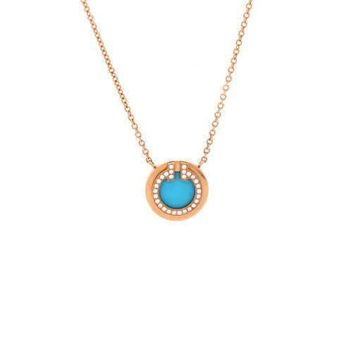T Circle Pendant Necklace 18K Rose Gold with Turquoise and Diamonds Small
