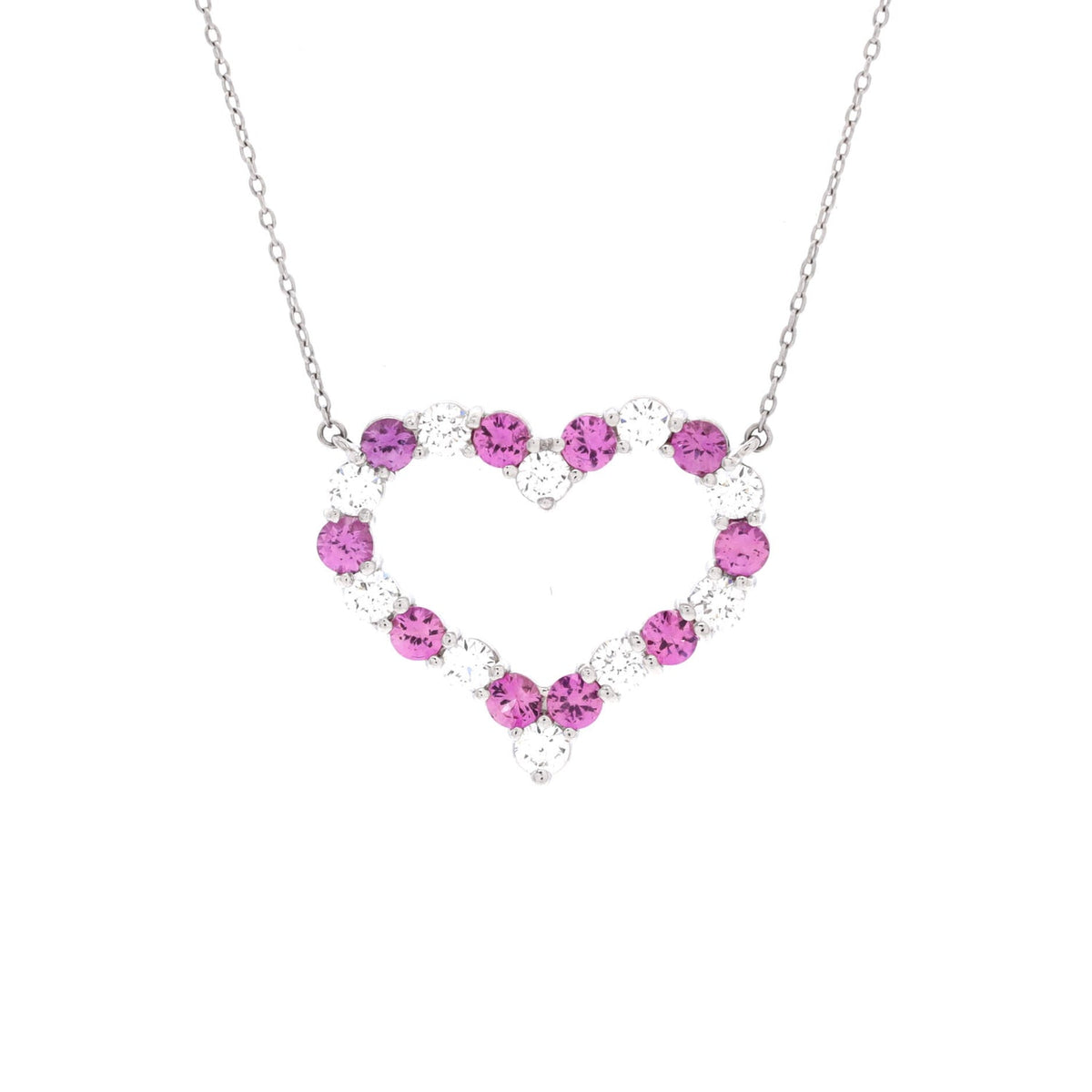 Heart Pendant Necklace Platinum with Diamonds and Pink Sapphires Large