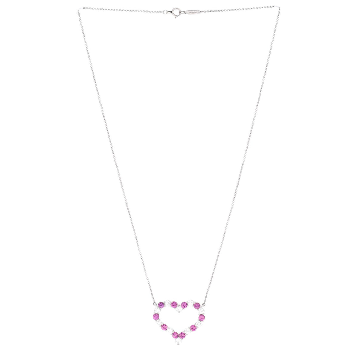 Heart Pendant Necklace Platinum with Diamonds and Pink Sapphires Large