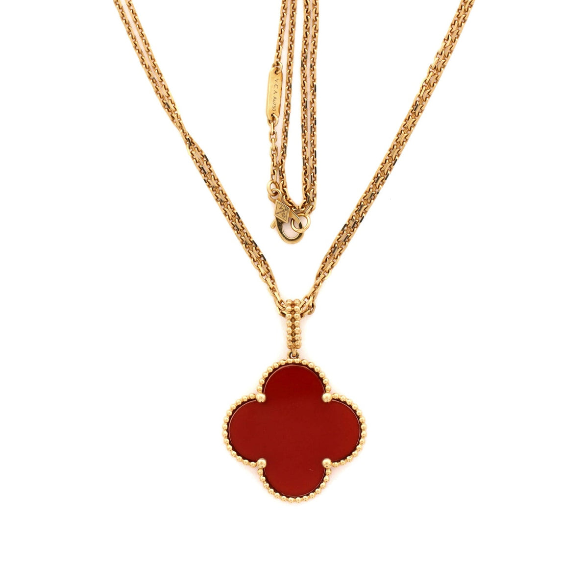 Magic Alhambra Pendant Long Necklace 18K Yellow Gold and Carnelia