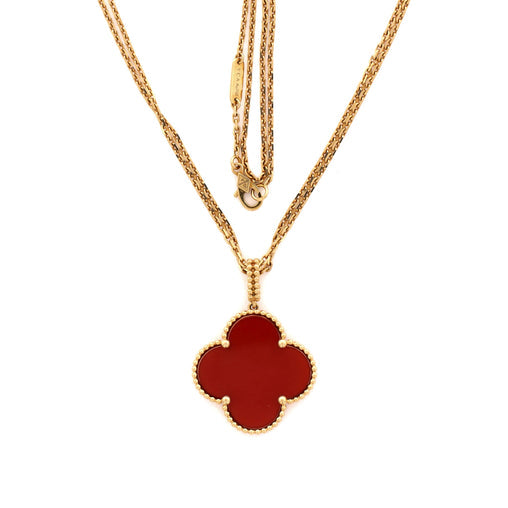 Magic Alhambra Pendant Long Necklace 18K Yellow Gold and Carnelia