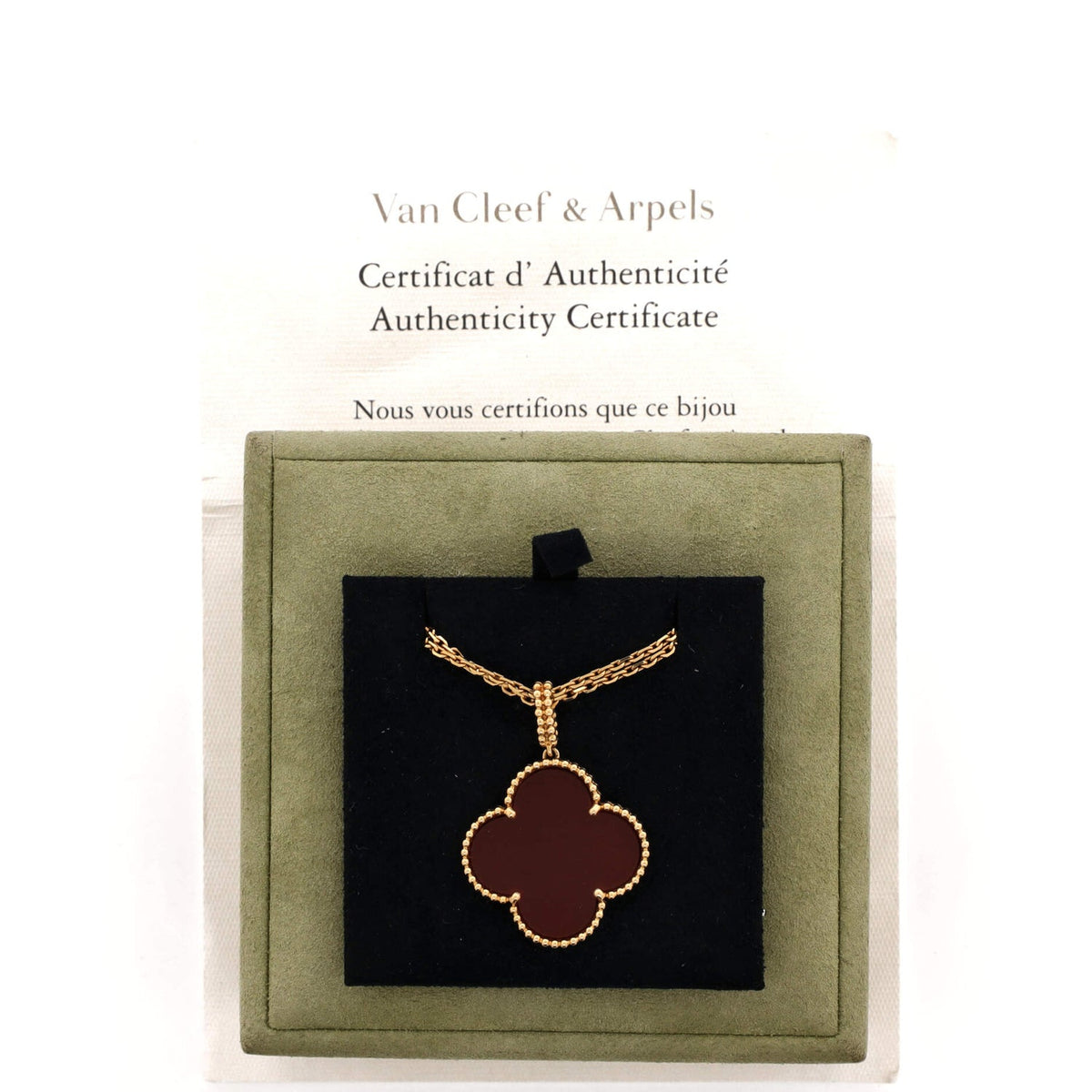 Magic Alhambra Pendant Long Necklace 18K Yellow Gold and Carnelia
