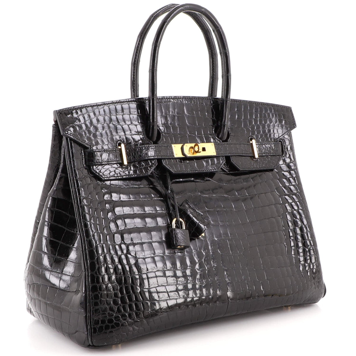 Birkin Handbag Noir Shiny Porosus Crocodile with Gold Hardware 35