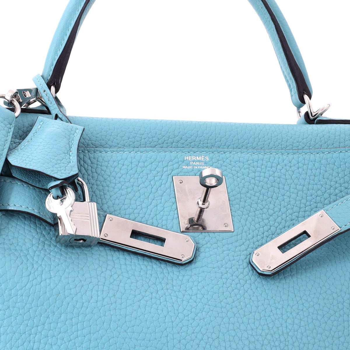 Kelly Handbag Bleu Atoll Clemence with Palladium Hardware 28