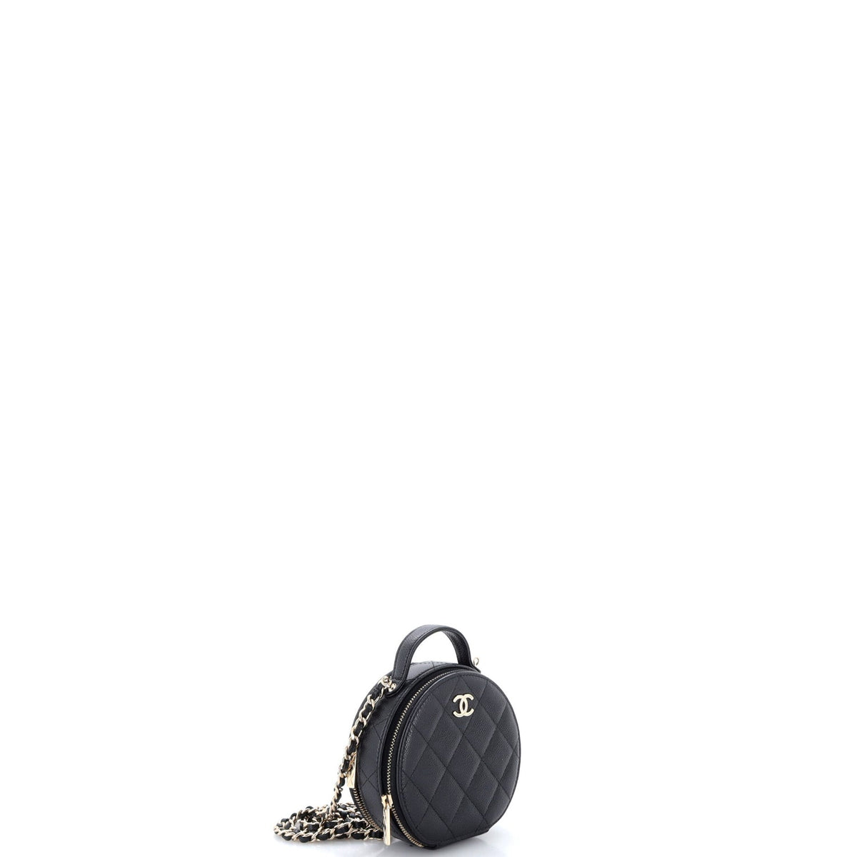 Handle with Care Round Vanity Case with Chain Quilted Caviar Small