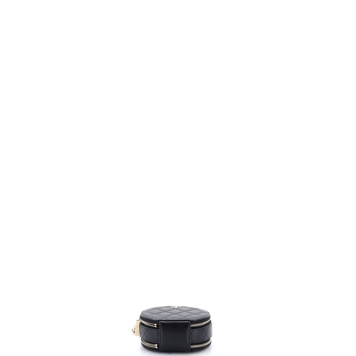 Handle with Care Round Vanity Case with Chain Quilted Caviar Small