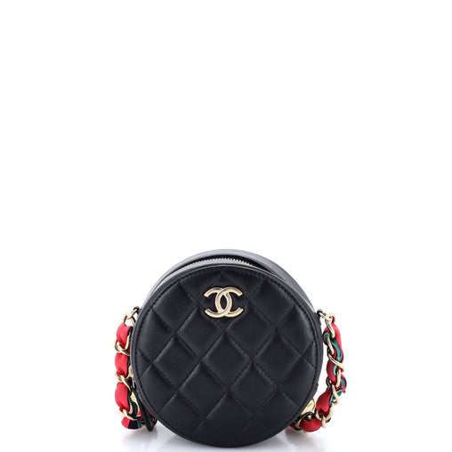 Ribbon Round Clutch With Chain Quilted Lambskin