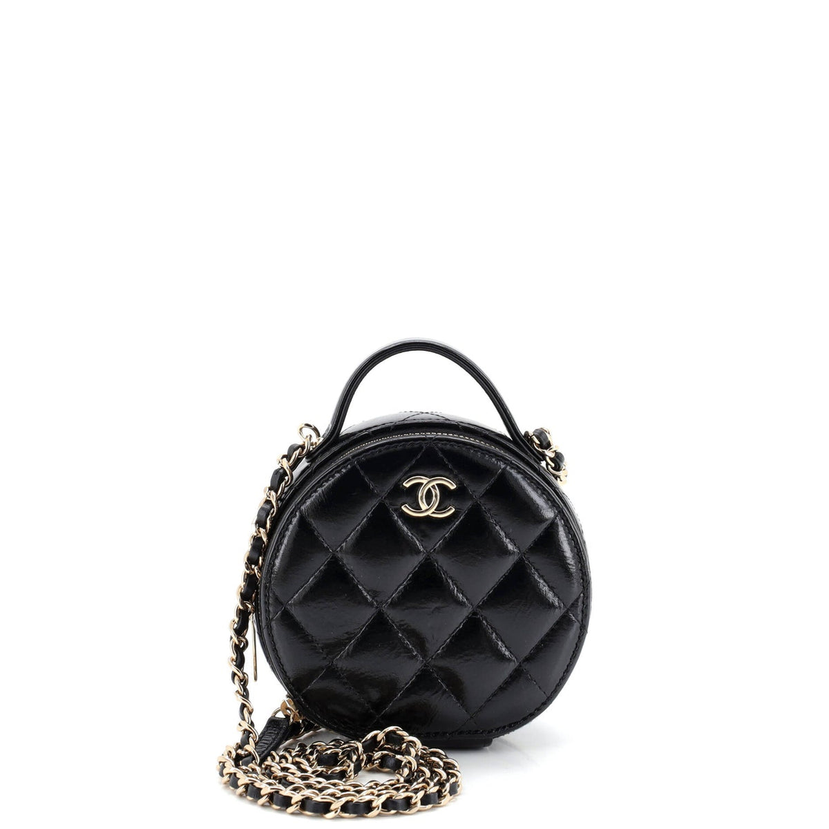 Handle with Care Round Vanity Case with Chain Quilted Lambskin Small