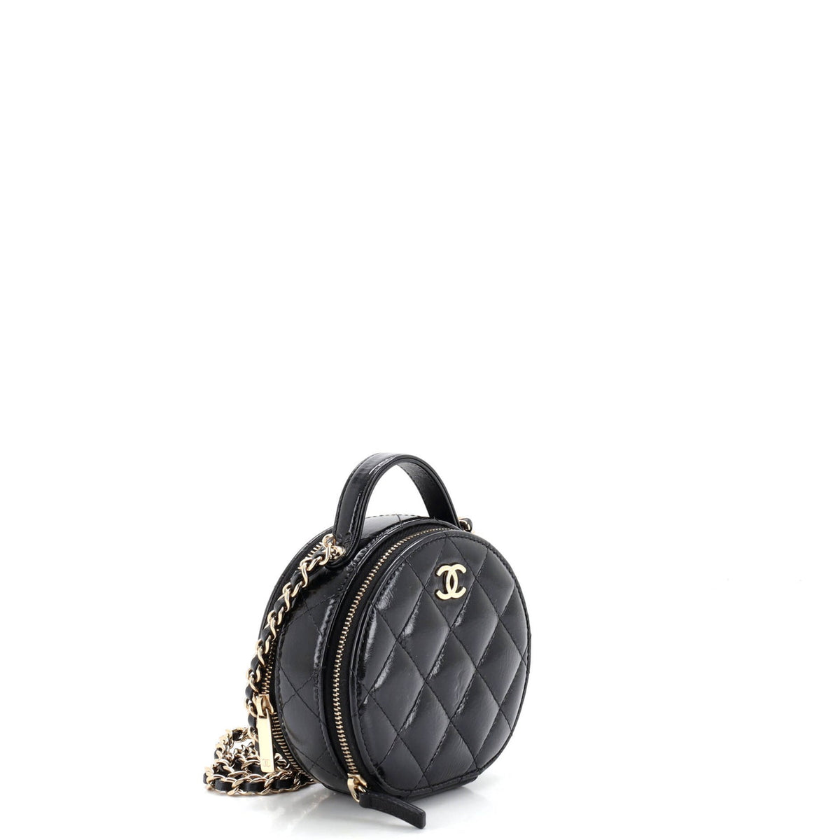 Handle with Care Round Vanity Case with Chain Quilted Lambskin Small